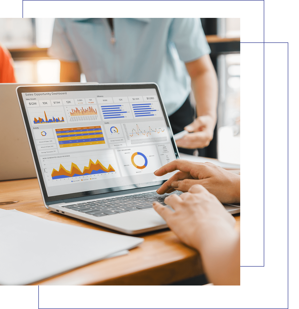 Laptop displaying colorful business analytics dashboard graphs.