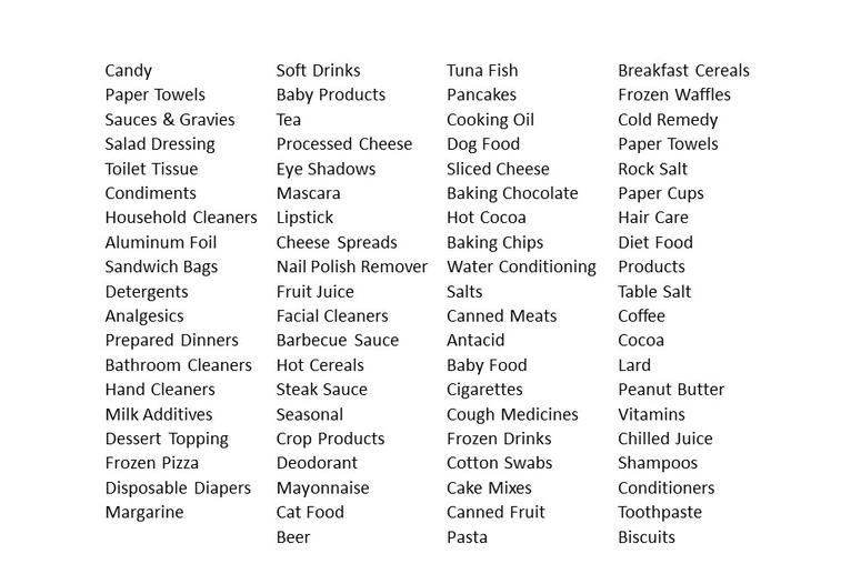 List of various grocery and household items.